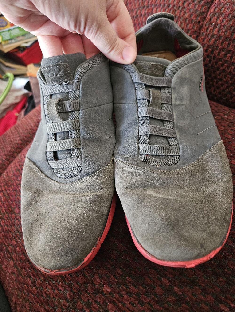 Men's GEOX Nebula Laceless Sneakers In Gray And Red. Has Some Wear.